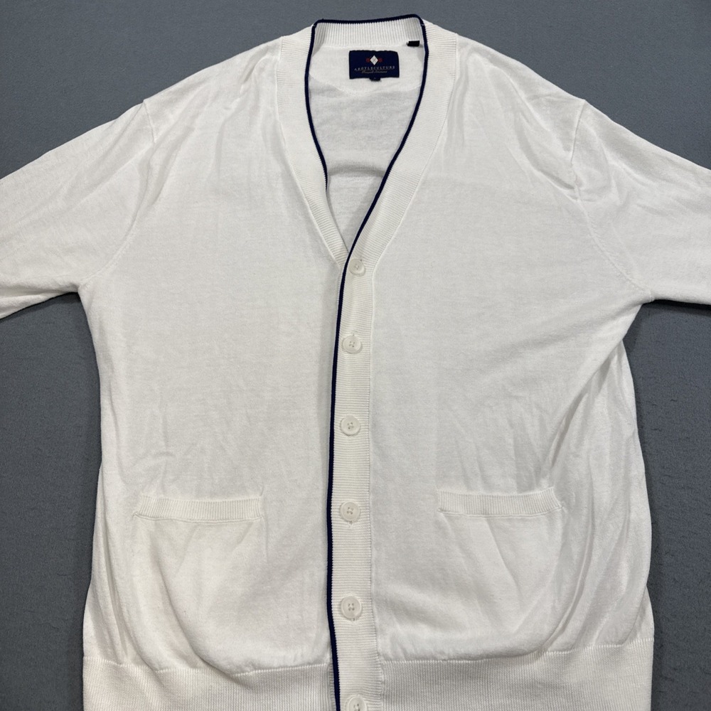 SWEATER CARDIGAN MENS LARGE ARGYLECULTURE Argyle WHITE BUTTON NAVY TRIM - Picture 1 of 9